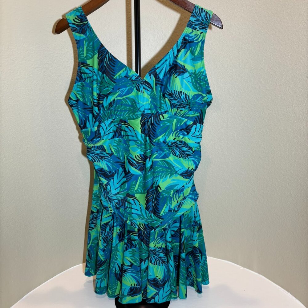 💚 NWOT 1 piece Swim Dress Tropical Padded Bra Lined Bustier Ruched